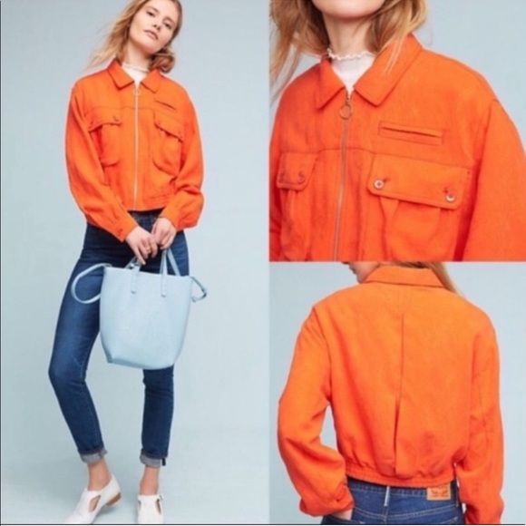 Anthropologie Cartonnier Textured Jacquard Eisenhower Orange Utility Jacket XS - Picture 1 of 13